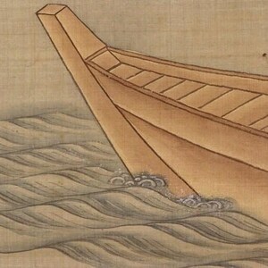 May include: A detailed painting of a wooden boat moving through water. The boat is light brown with a pointed bow. The water is depicted with wavy lines in shades of gray and blue.