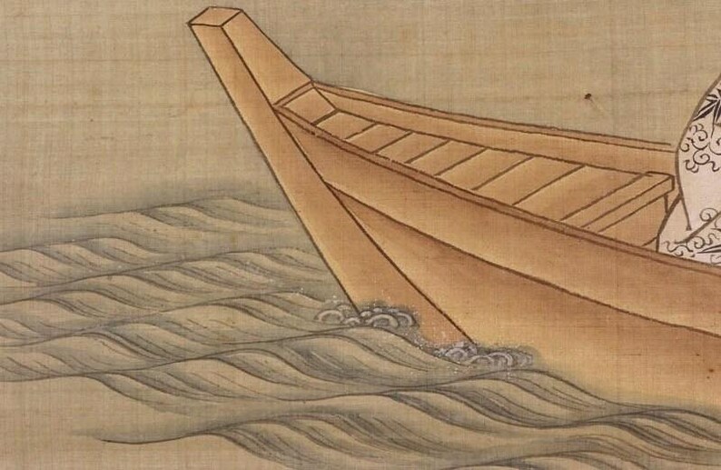 May include: A detailed painting of a wooden boat moving through water. The boat is light brown with a pointed bow. The water is depicted with wavy lines in shades of gray and blue.
