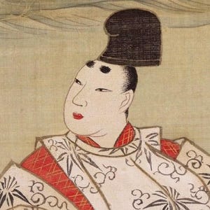 May include: An antique Japanese painting depicts a person with a distinctive hairstyle and traditional attire. The figure has a pale complexion, red lips, and is adorned in a white garment with black and red accents. The background is a muted beige.