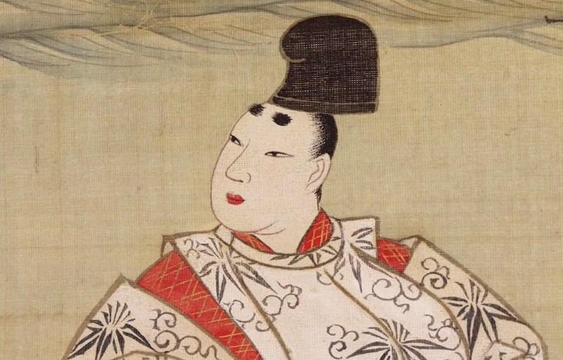 May include: An antique Japanese painting depicts a person with a distinctive hairstyle and traditional attire. The figure has a pale complexion, red lips, and is adorned in a white garment with black and red accents. The background is a muted beige.