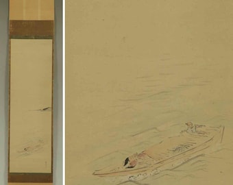 Decoración antigua para colgar en la pared, pergamino colgante, samurái en el barco, kakejiku japonés, pergamino kakemono, pintura japonesa en pergamino, arte antiguo, R610282