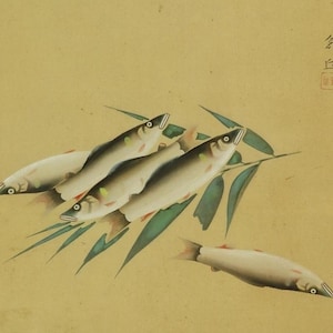Vintage Wall Decor,Japanese Hanging Scroll Painting,Japanese Kakejiku,Sweetfish,Fish Painting,Vintage Interior Decor,Sroll Painting,R7821