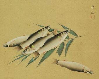 Vintage Wall Decor,Japanese Hanging Scroll Painting,Japanese Kakejiku,Sweetfish,Fish Painting,Vintage Interior Decor,Sroll Painting,R7821
