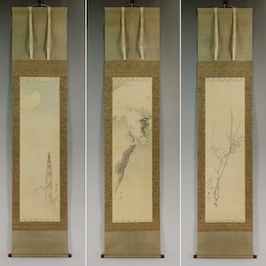 A set of three Vintage Hanging Scroll,Bamboo shoot in the Moon,Snow covered Pine,Ume Plum blossoms,Kakemono,Peaceful Nature Painting,R05302