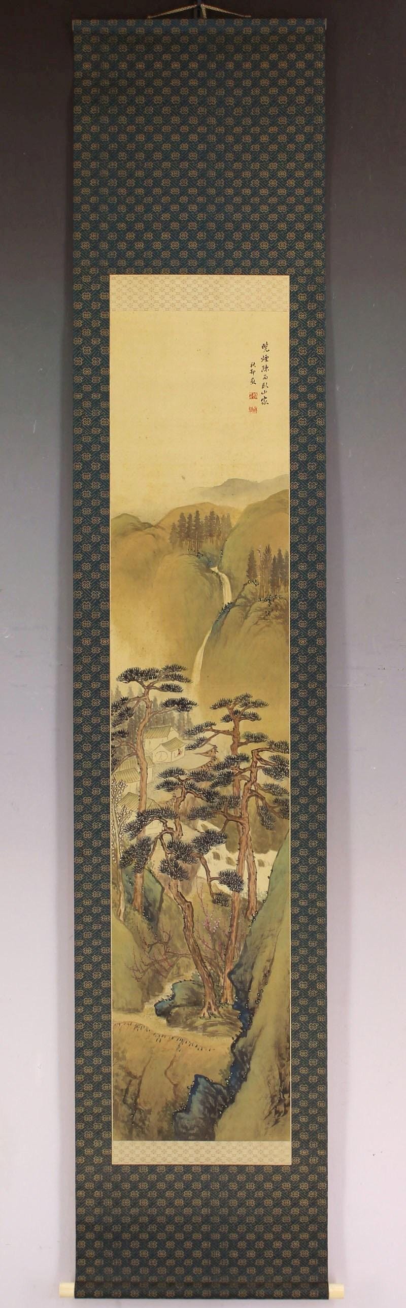 Vintage Japanese Hanging Scroll Painting Landscape and Plum