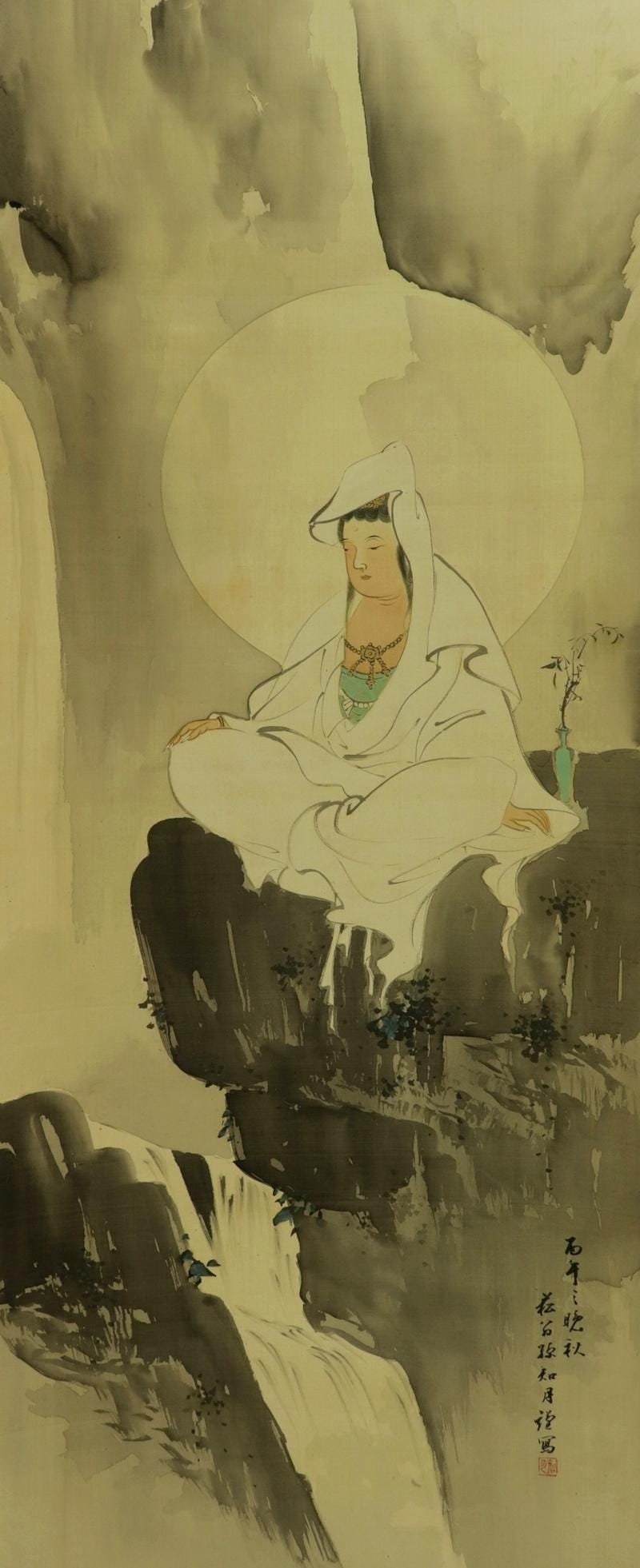 ヴィンテージ 掛け軸 絵画、観音菩薩、日本製 掛軸、掛物 掛け軸、観音