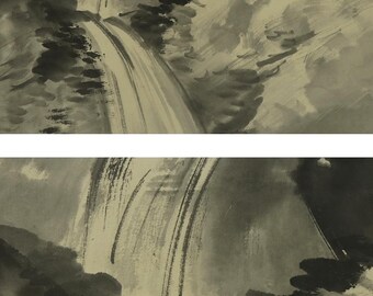 アンティークの日本の掛け軸、風景画、滝、山の絵、日本の掛け軸、水墨