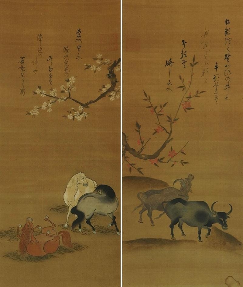 ペアアンティーク日本の壁アート、馬と牛の絵画、アジアの掛け軸セット