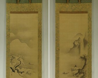 PAIR Antique Kano School Japanese Ink Landscape Painting Scrolls