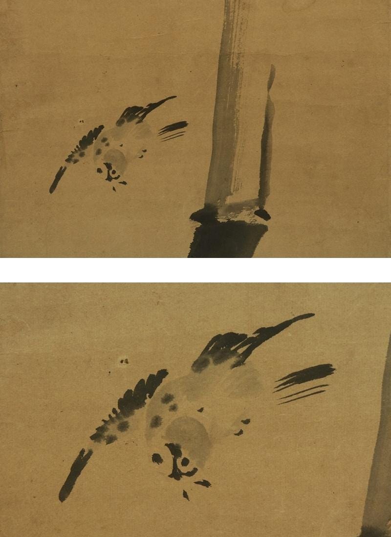 アンティーク掛け軸、水墨竹画、掛け物、竹と雀、禅美術、日本の骨董品