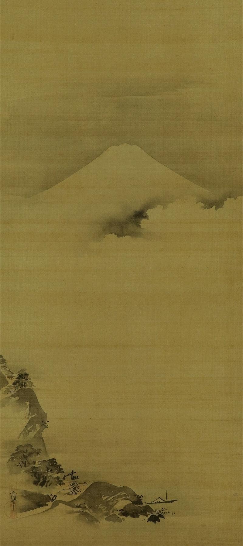 Antique Kano School Japanese Scroll, Mt. Fuji Landscape Painting