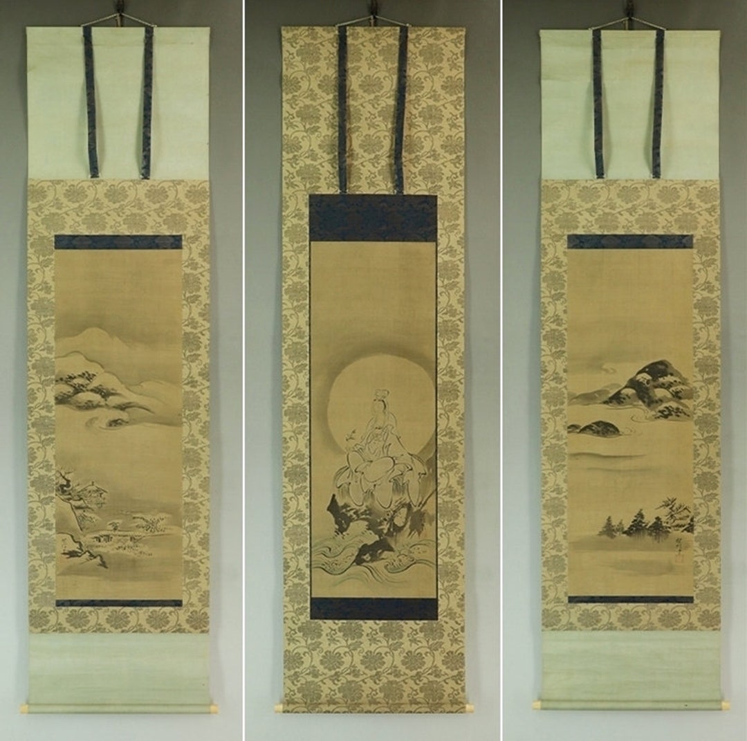 SET Antique Japanese Kannon Ink Landscape Scroll Paintings
