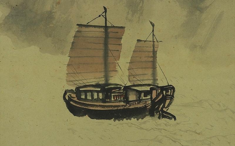 Vintage Japanese Hanging Scroll, Landscape Painting Kakejiku