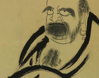 ヴィンテージの日本の掛け軸 – 達磨（菩提達磨）禅画、絹製、壁掛け