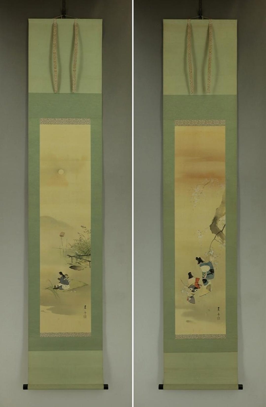 掛軸‥日本画、大和絵 ペアヴィンテージ日本の掛け軸壁装飾、巻物絵画、日本の芸術絵画