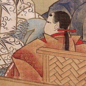 May include: An antique Japanese artwork fragment. The image shows a person in traditional attire with a red bow in their hair. The person is seated near a woven wooden structure. Decorative patterns and bamboo leaf designs are visible.