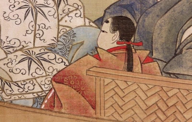 May include: An antique Japanese artwork fragment. The image shows a person in traditional attire with a red bow in their hair. The person is seated near a woven wooden structure. Decorative patterns and bamboo leaf designs are visible.