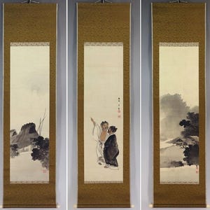 Antique Japanese Hanshan and Shide Ink Landscape Painting Triptych