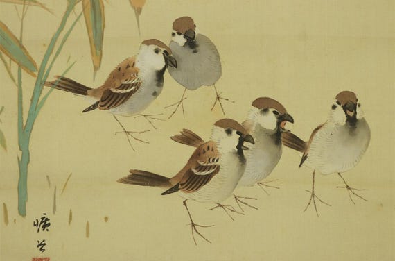 Vintage Japanese Hanging Scroll Painting Sparrow and Bamboo  display picture 2