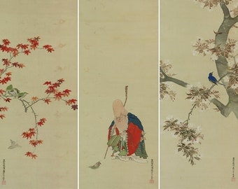 Antique Japanese Wall Hanging Decor,Wall Decor,Kakemono Scroll Painting,Beautiful Cherry Blossoms and Maple Leaves,Bird and Flower,R511131