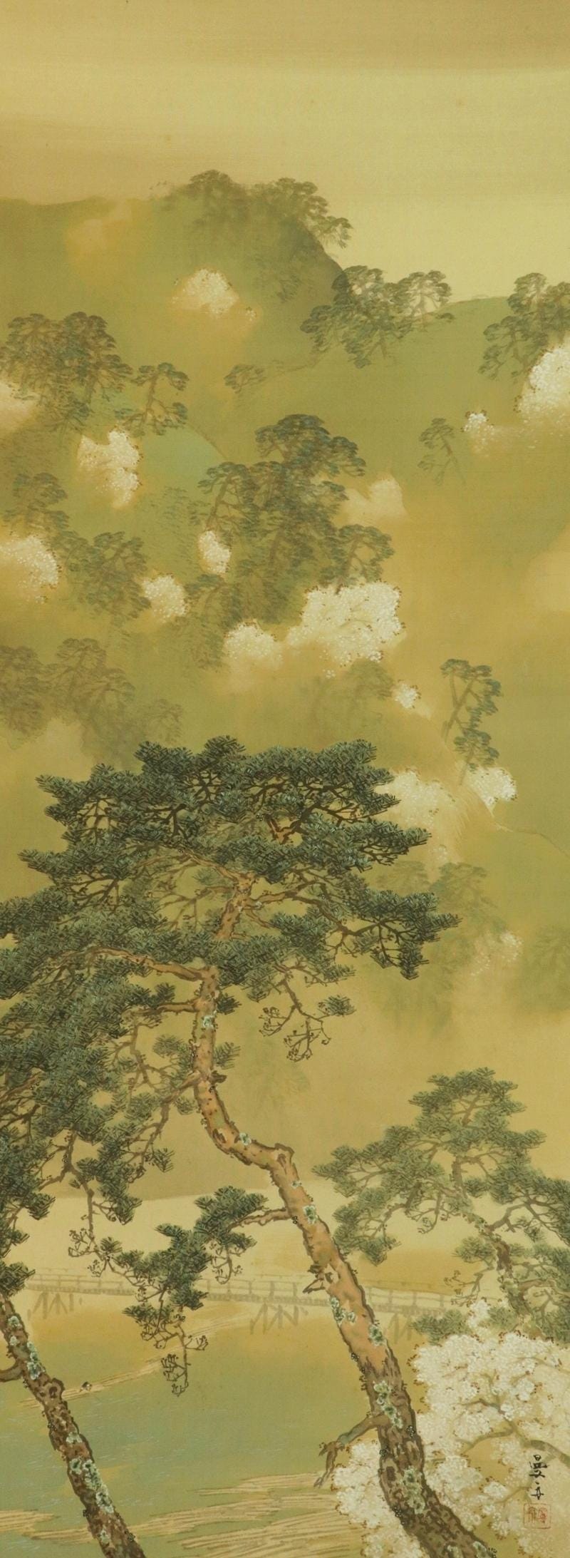 Vintage Japanese Hanging Scroll Cherry Blossoms Painting Nihonga