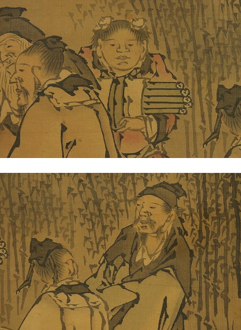 アンティーク 日本の掛け軸 絵画 竹林の九賢人図 水墨禅アート 江戸