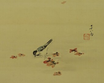 Vintage Japanese Wall Decor,Wall Art,Vintage Painting,Japanese Painting,Bird Painting Wall Decor,Vintage Interior Decor,Kakejiku Art,R76132
