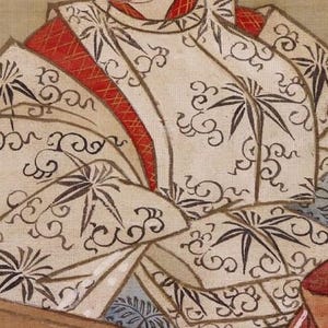 May include: A detail of a traditional Japanese painting. The subject wears a cream-colored garment with a repeating pattern of black stylized leaves and swirling designs. Red accents and trim are visible.