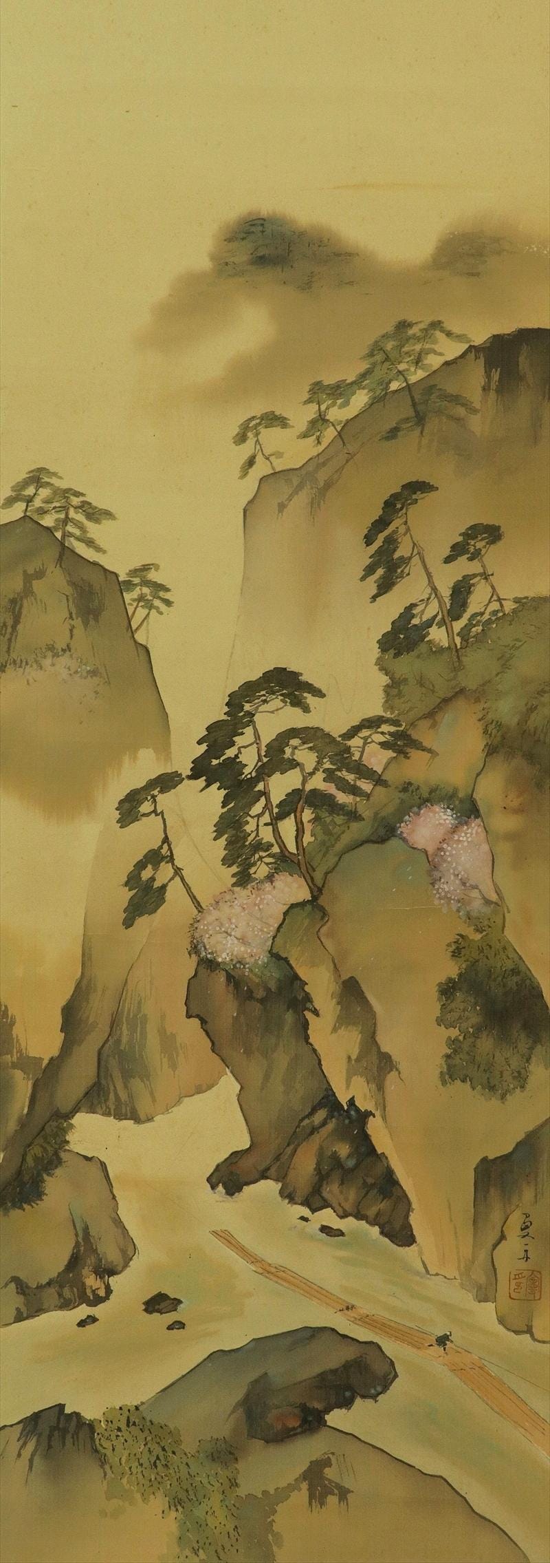 風景画 ヴィンテージ壁掛け装飾、風景画、壁飾り、風景画、桜の山と川、掛け軸