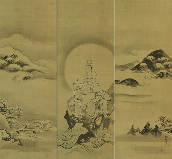 SET Antique Japanese Kannon Ink Landscape Scroll Paintings