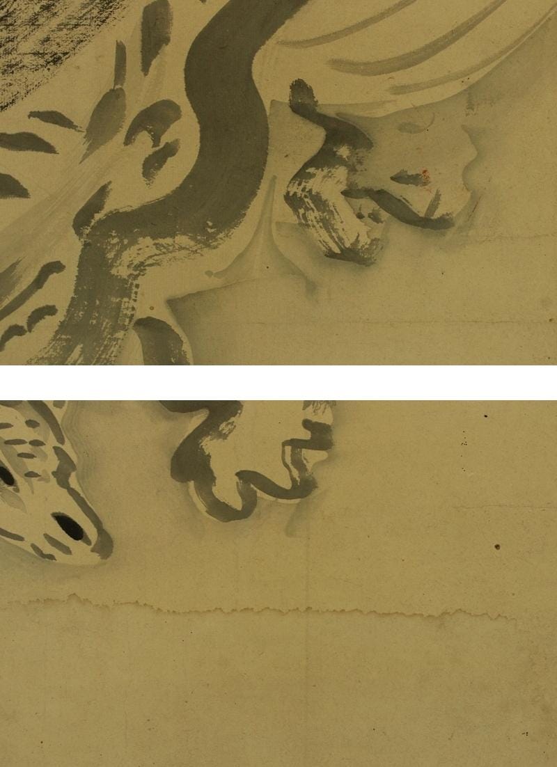 アンティークな日本の掛け軸、神聖な宝石を持つ亀、江戸時代の水墨画