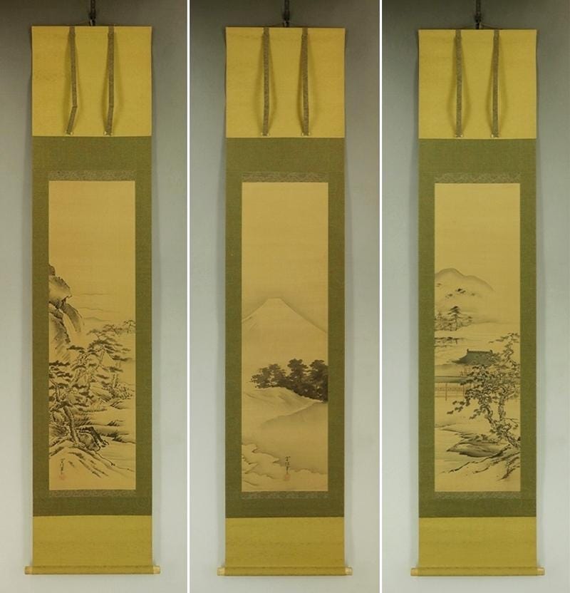 アンティークの日本の掛け軸絵画セット、掛け軸、日本の掛け軸、風景画