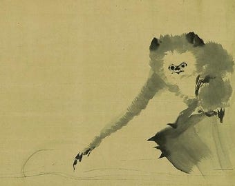 アンティークの日本の掛け軸、禅の猿とテナガザルが月に手を伸ばす様子