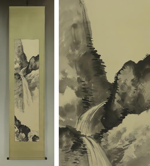掛軸 滝と山の風景 楽天市場】山水画・滝の掛け軸 瀑聲 美濃正堂作品 高級桐箱付 : 美術