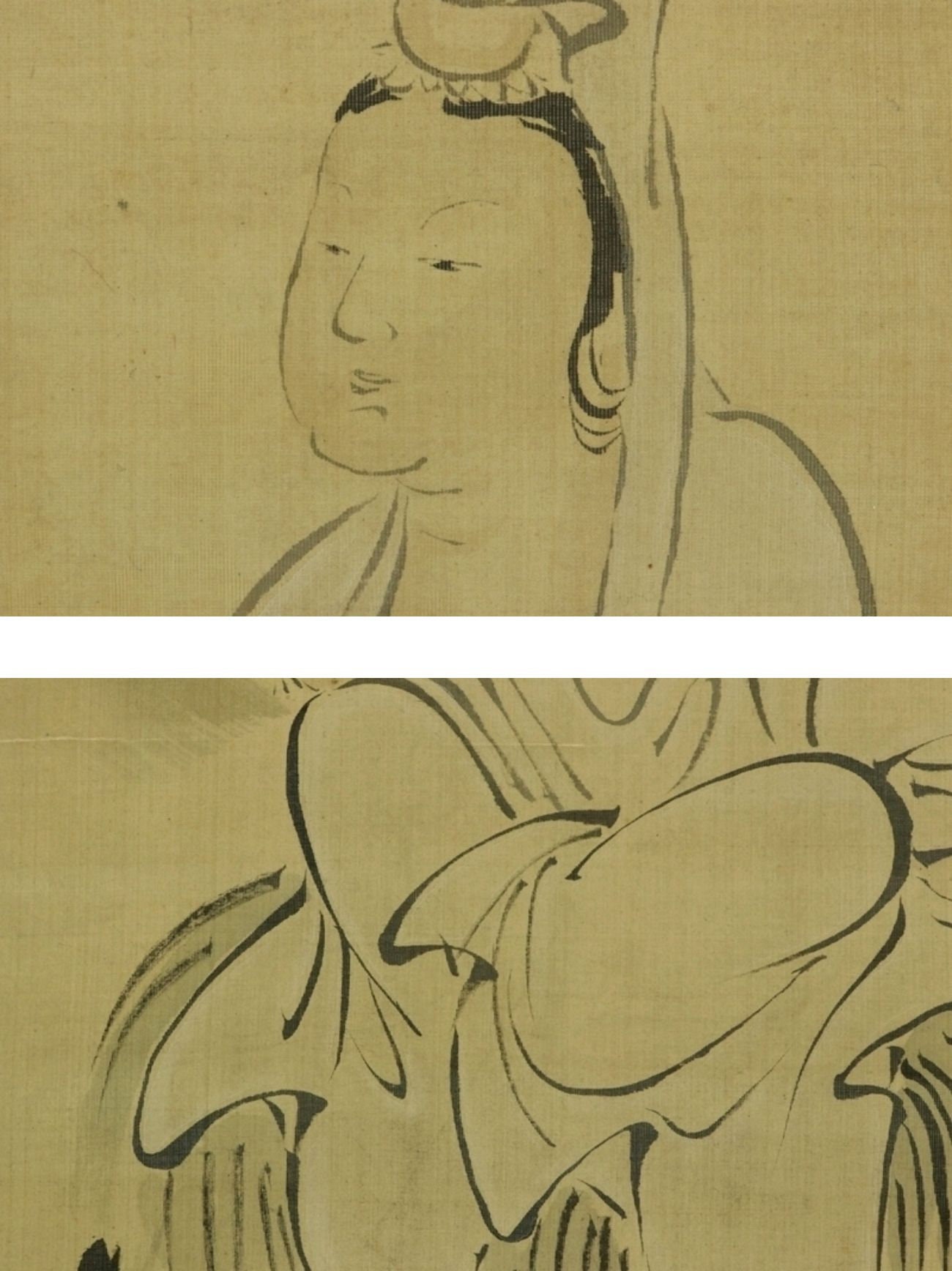 SET Antique Japanese Kannon Ink Landscape Scroll Paintings