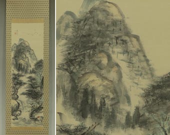 Vintage Japanese Landscape Scroll Painting, Zen Art Sansui Kakejiku Asian ink painting Wall Decor Kakemono R721082