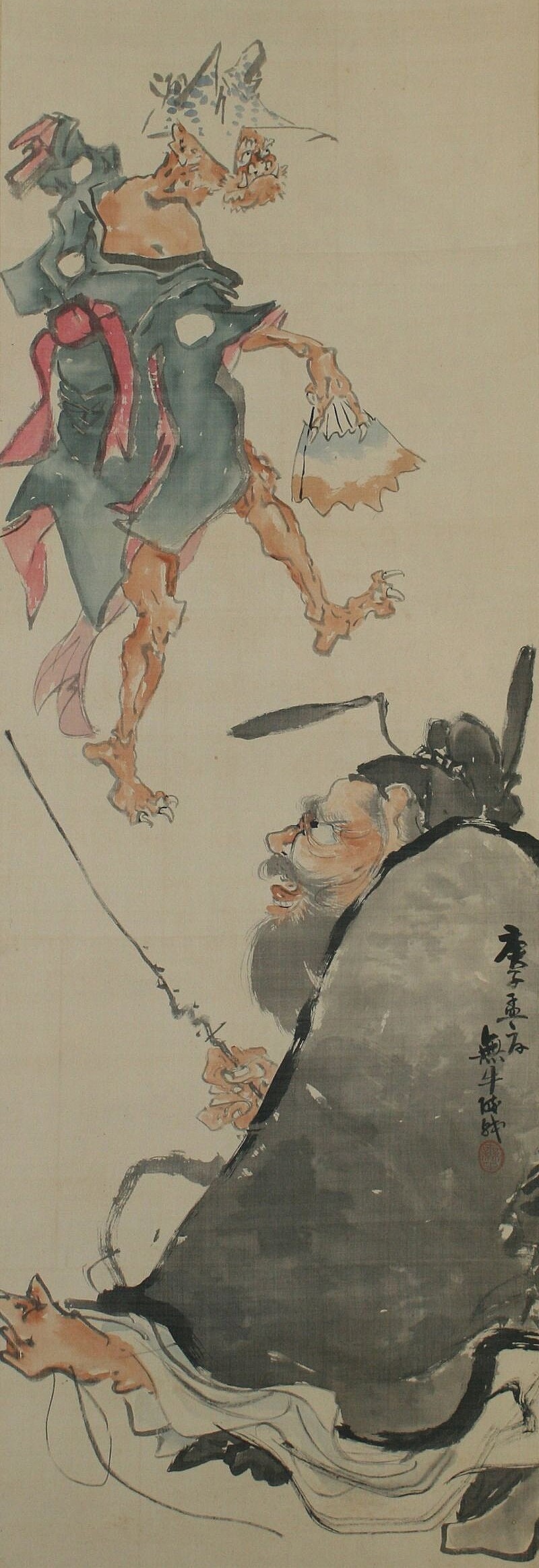 アンティークの日本の巻物、掛け軸、妖怪画、鬼アート、日本の