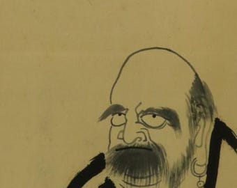 ヴィンテージの日本の掛け軸 – 達磨（菩提達磨）禅画、絹製、壁掛け