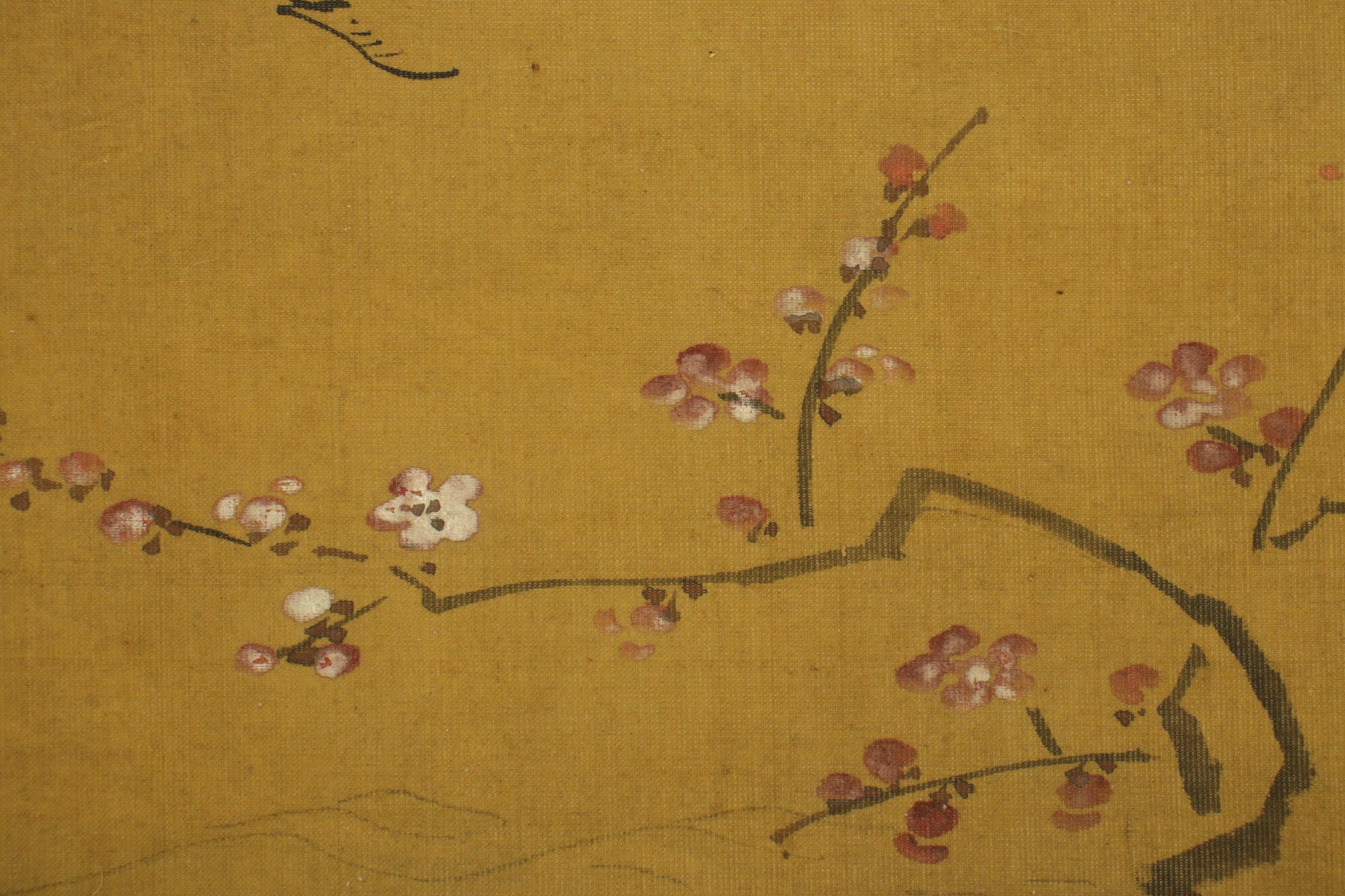 Antique Japanese Hanging Scroll Painting Crane and Plum Blossoms