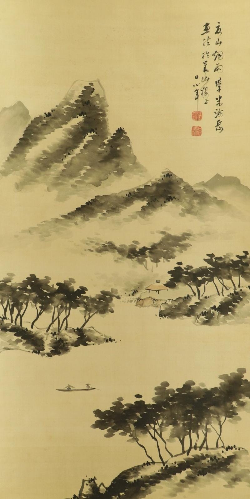 Large Antique Japanese Hanging Scroll Painting, Ink Landscape