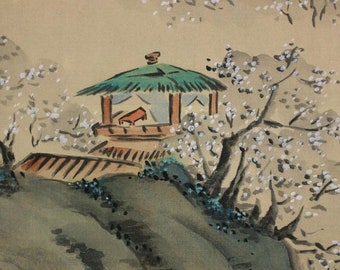 Vintage Hanging Scroll Painting,landscape,cherry Blossom Mountain