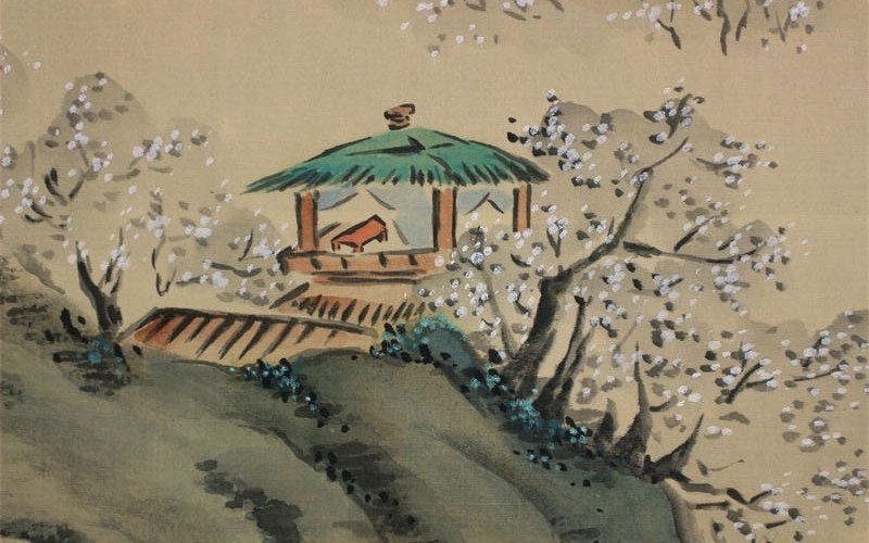 絵画 flk041090 Vintage Hanging Scroll Painting,landscape,cherry