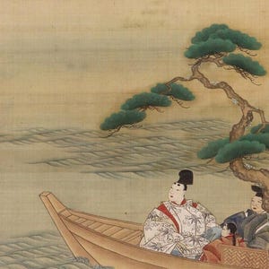 May include: Japanese painting depicting figures in a boat on water, with a tree and a bird in the background. The figures are dressed in traditional clothing. The artwork has a vintage aesthetic.