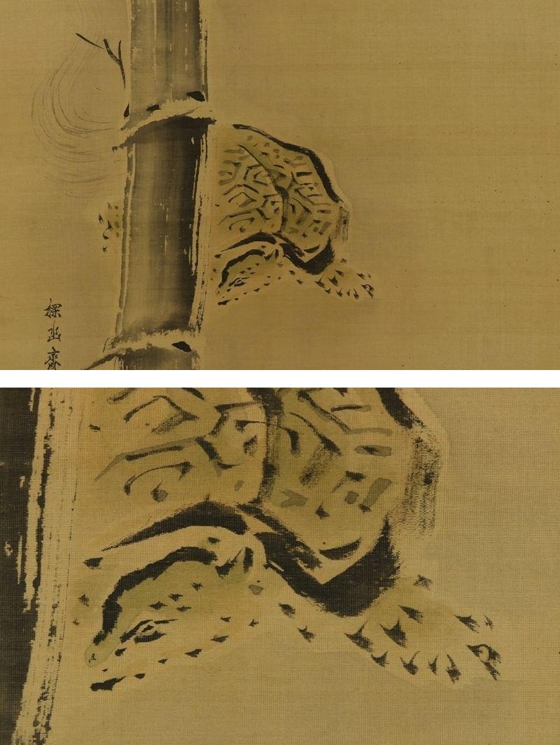 アンティーク 和風 壁掛け 装飾 巻物 アート 水墨画 亀と竹 亀の絵画