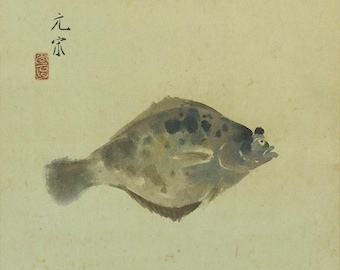 Vintage Japanese Fish Painting Hanging Scroll, Flatfish Painting Fish Wall Decor Ink Wash Art Kakejiku Kakemono R69302