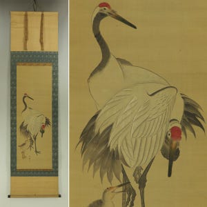 Antique Wall Decor Art,Japanese Hanging Scroll Painting,Crane Painting,Antique Interior Wall Art Decor,Japanese Painting,Crane Art,R69272