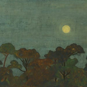 Pode incluir: Pintura original retratando uma paisagem noturna com lua cheia. A obra apresenta um céu azul-petróleo escuro com uma lua amarela brilhante e árvores em silhueta em tons de verde e marrom. A pintura tem uma aparência texturizada.