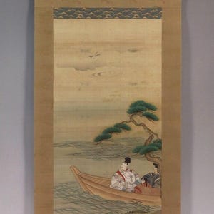 May include: Japanese scroll painting depicting two figures in a boat near a tree, with a serene landscape background. The artwork features muted colors, a traditional style, and is mounted on a neutral-toned fabric.