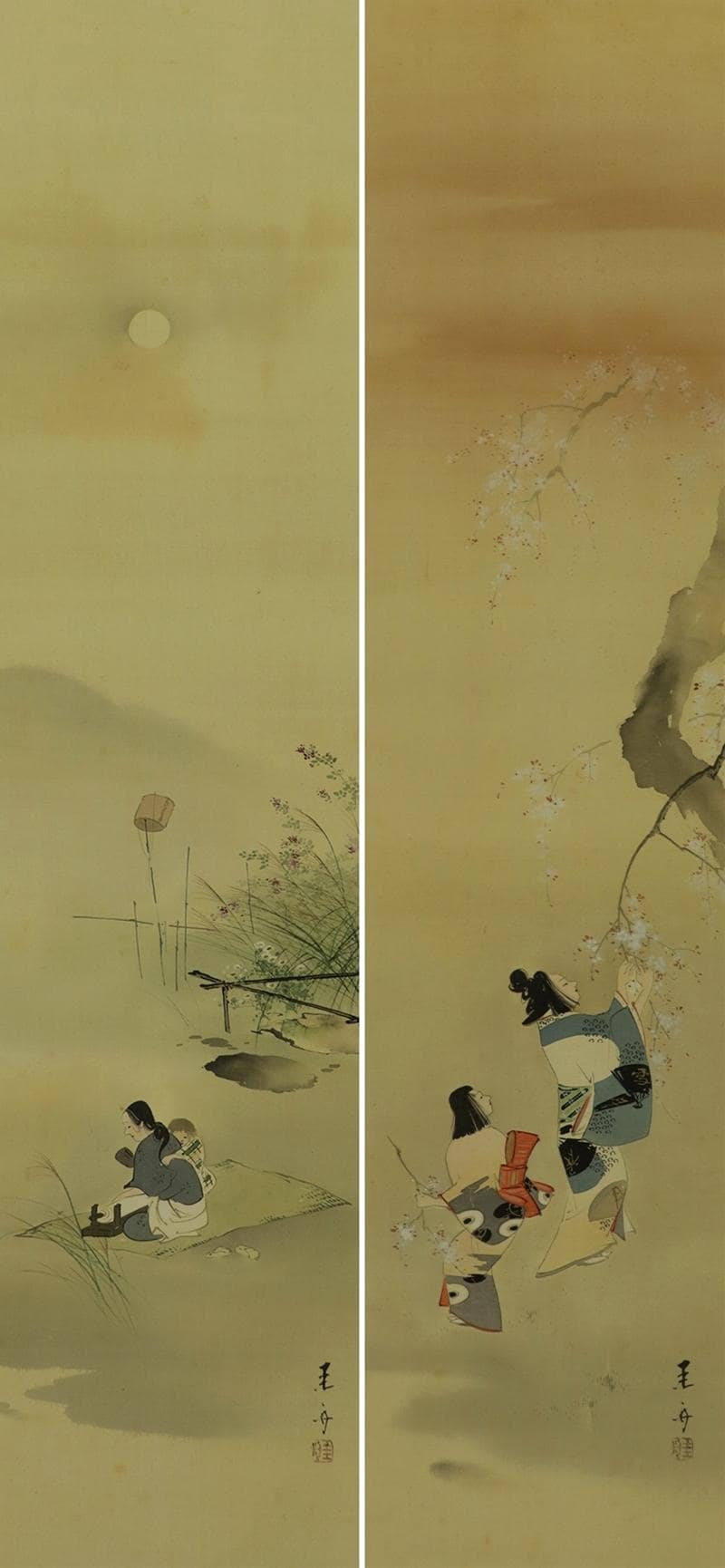 ペアヴィンテージ日本の掛け軸壁装飾、巻物絵画、日本の芸術絵画