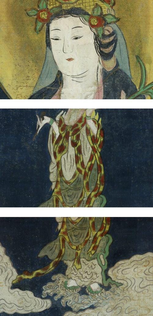 Dipinto Orientale A Rotolo Guanyin, Seta E Carta Di Riso, 40x119 Cm | Quadro Murale Classico Cinese, Decorazione Asiatica - 4